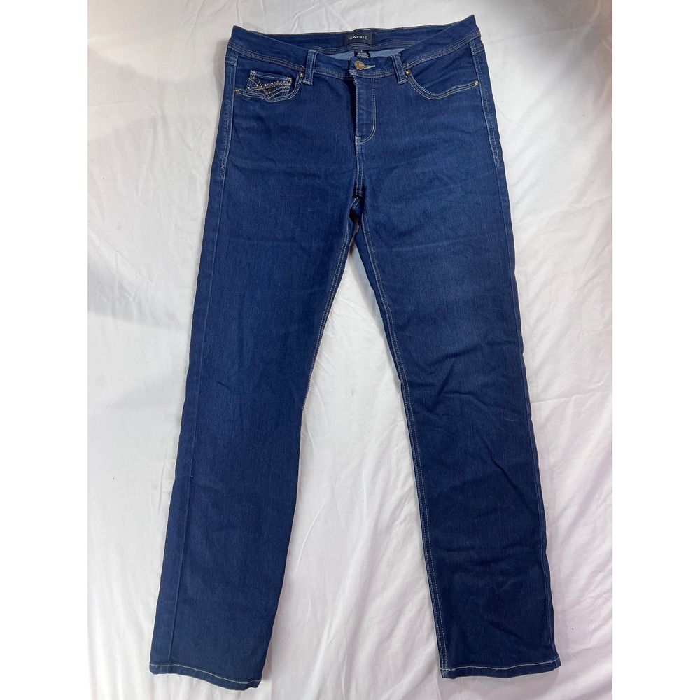 Cache Womens Dark Wash Embellished Straight Leg Jeans Size 6 Rhinestone Studded
